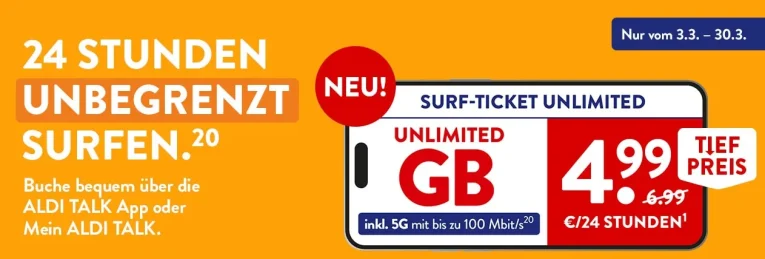 🔥 Aldi Talk: Unbegrenztes Surfen für nur 4,99€/Tag