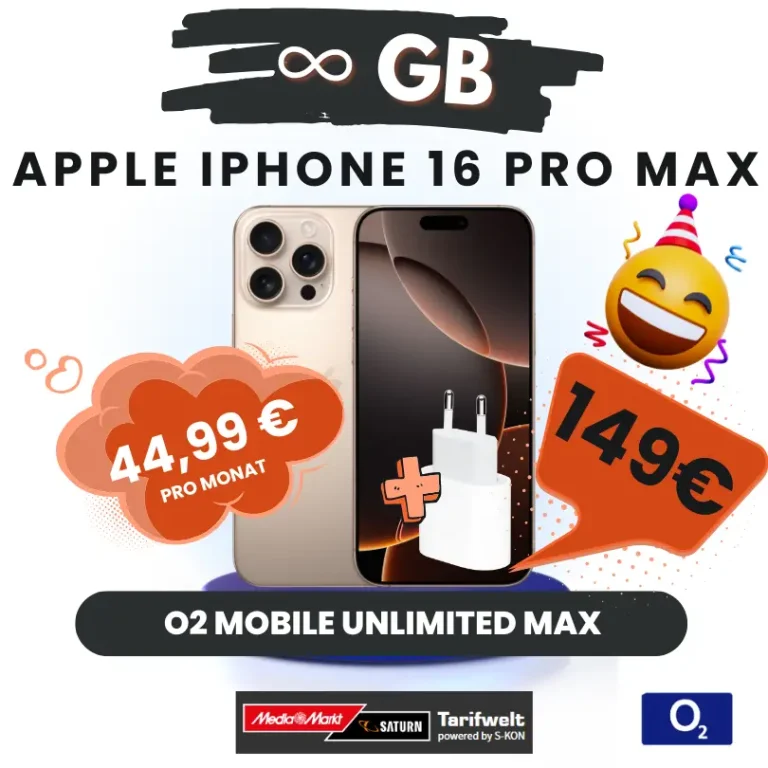 📱iPhone 16 Pro Max 45€ mtl. + unlimited O2 – eff. -1,68€