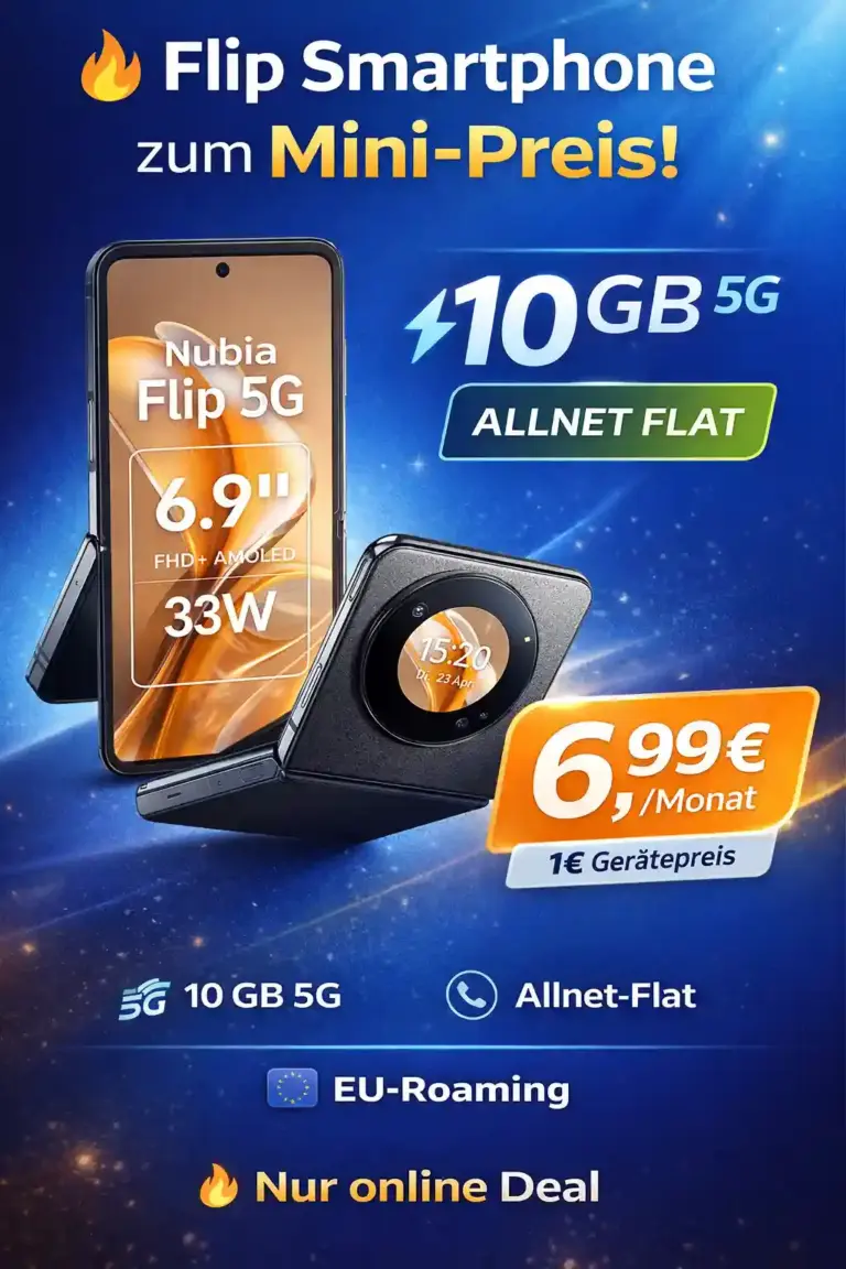 📱 Nubia Flip 5G für 1 € mit 10 GB Flat ab 6,99 €/Mon.