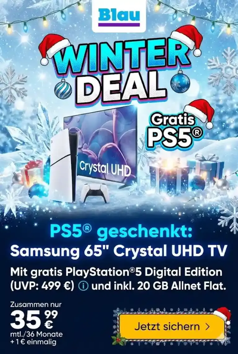 📺 Samsung 65" TV + Blau Allnet + Gratis PS5 ab 11,02€ eff. mtl.