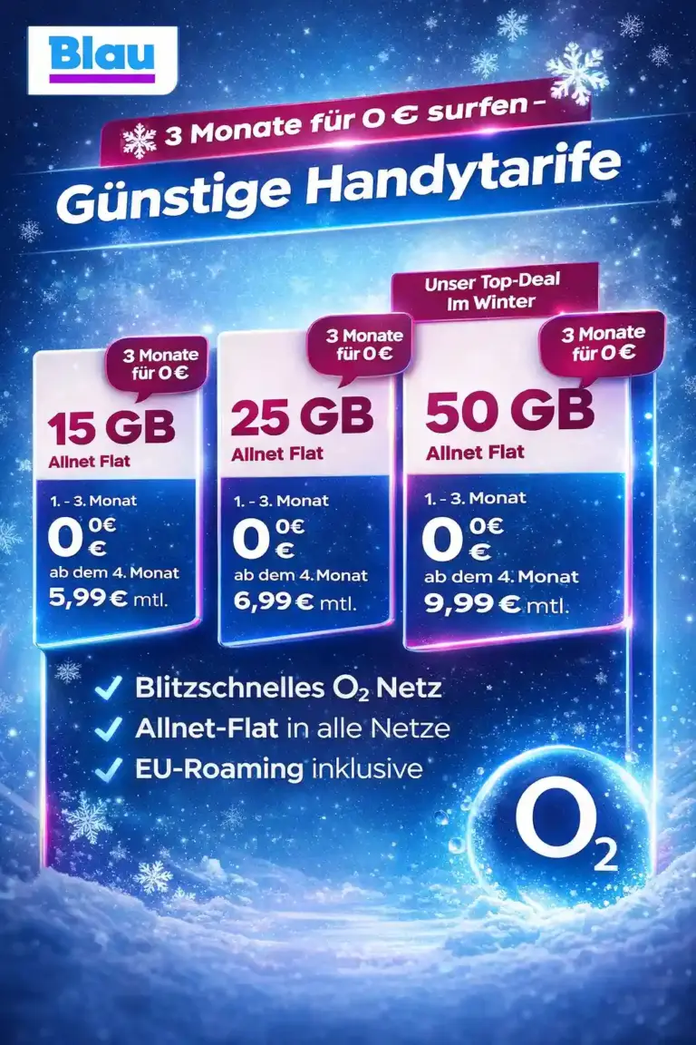 Blau Winter-Deals: 15-75 GB ab 5,24 €/Monat + 3 Monate gratis