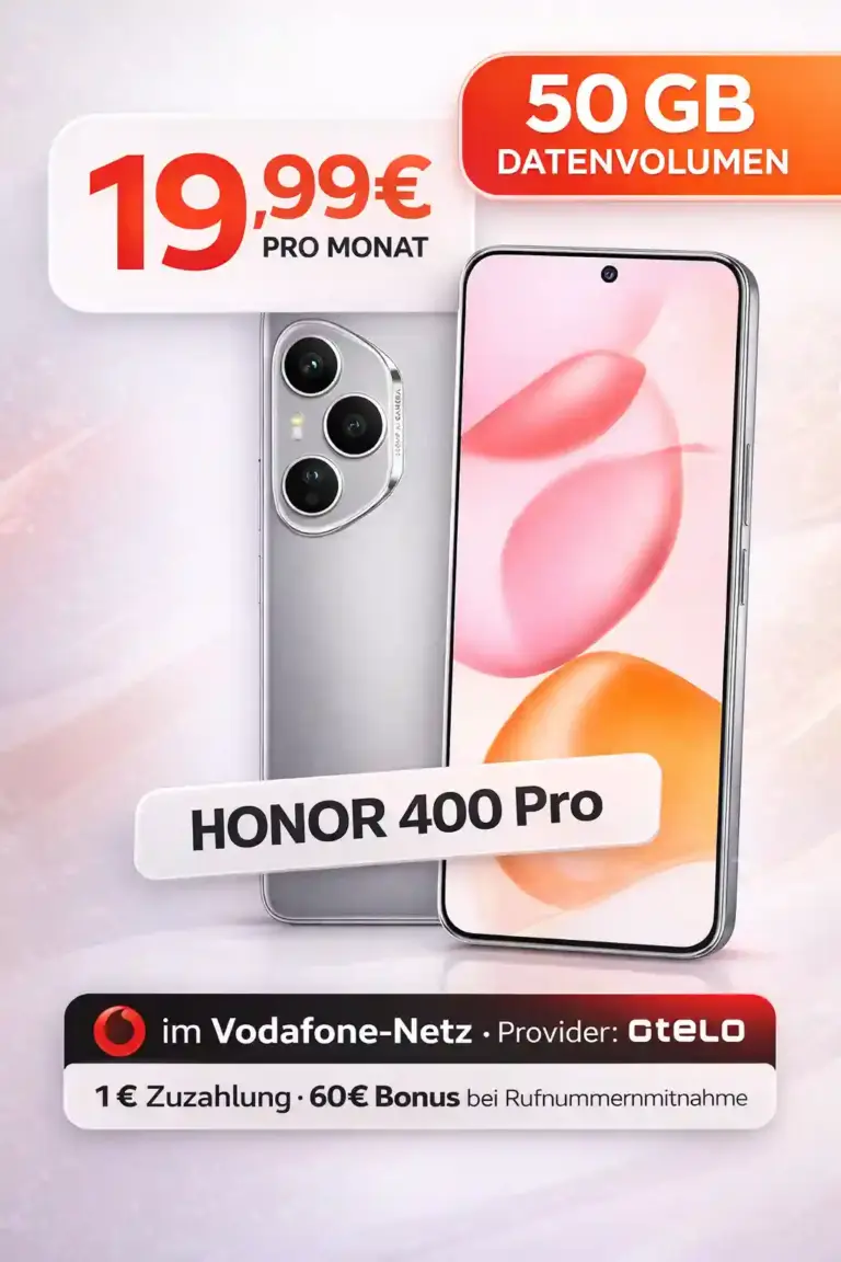 📱 Honor 400 Pro + otelo 50 GB 5G – effektiv -1,39€ ✓