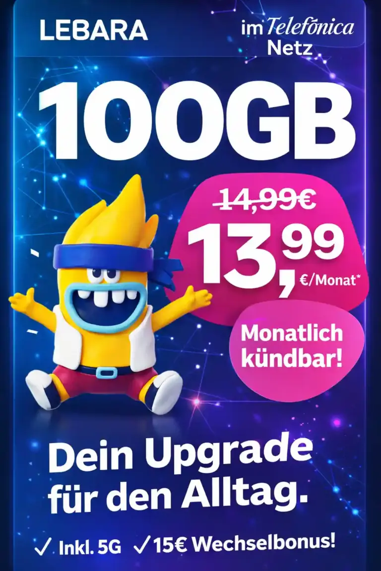 Lebara 100 GB 5G für 12,78€/Monat + 30€ Wechselbonus