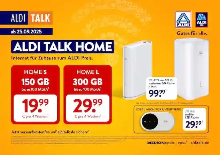 Aldi Talk Home ab 19,99€: 150GB 5G-Internet o2-Netz