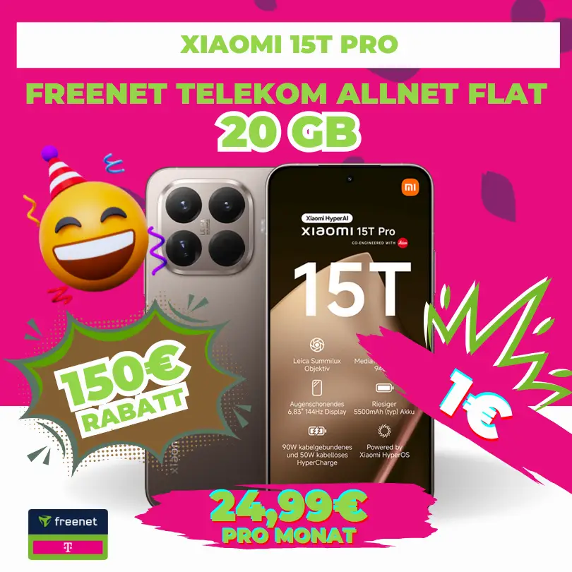 🎉 Xiaomi 15T Pro + 20GB Telekom nur 1€ eff. -6,51€