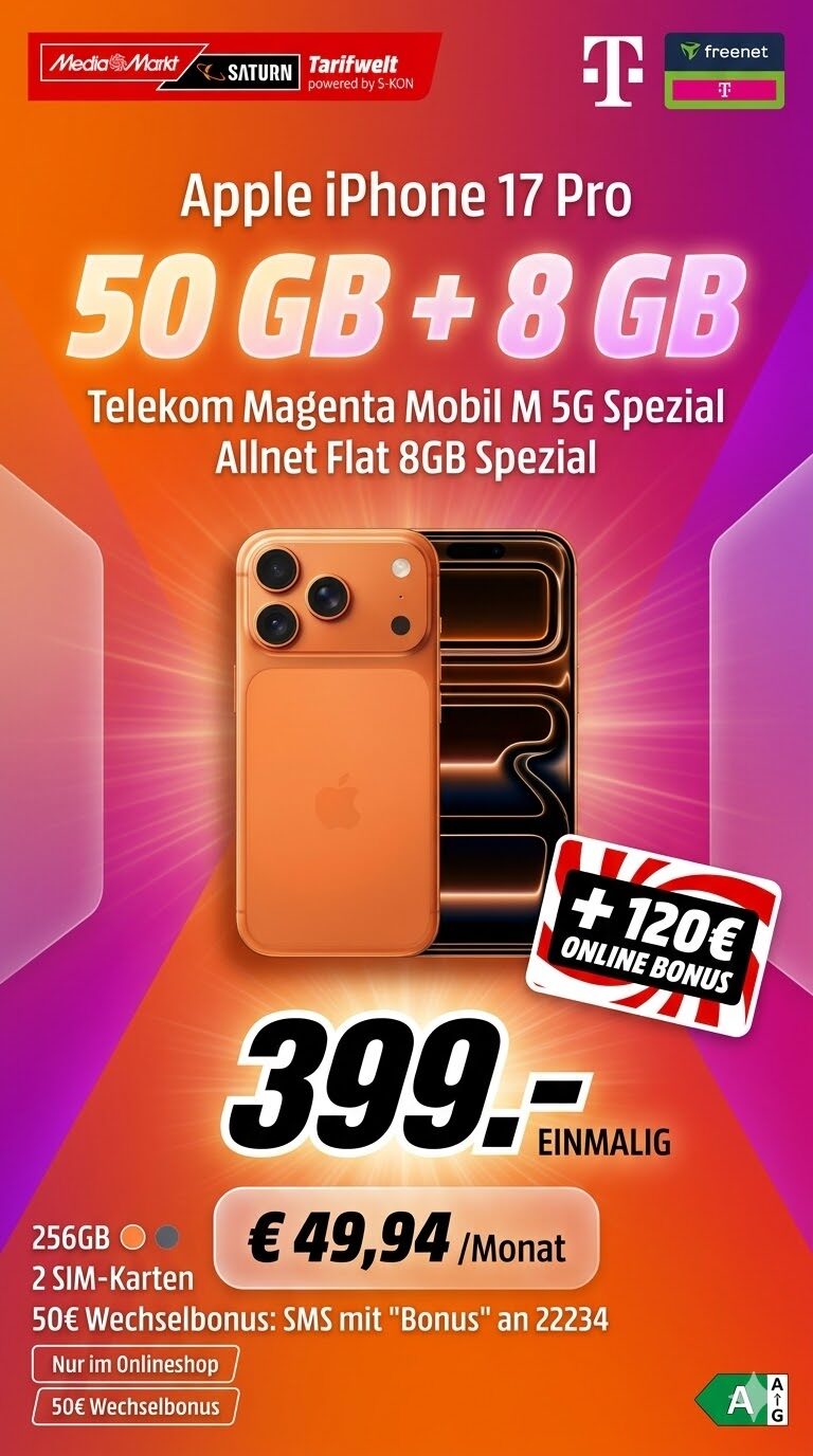 iPhone 17 Pro + Telekom Doppelkarte + 120 € Bonus | 11,90 €