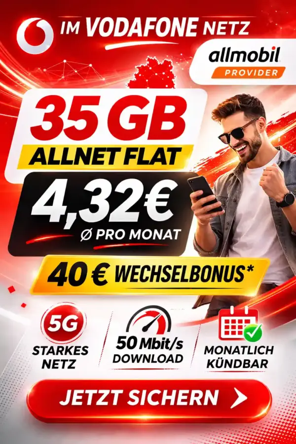 📱 allmobil Tarife: 35 GB 5G im Vodafone-Netz ab 4,32€