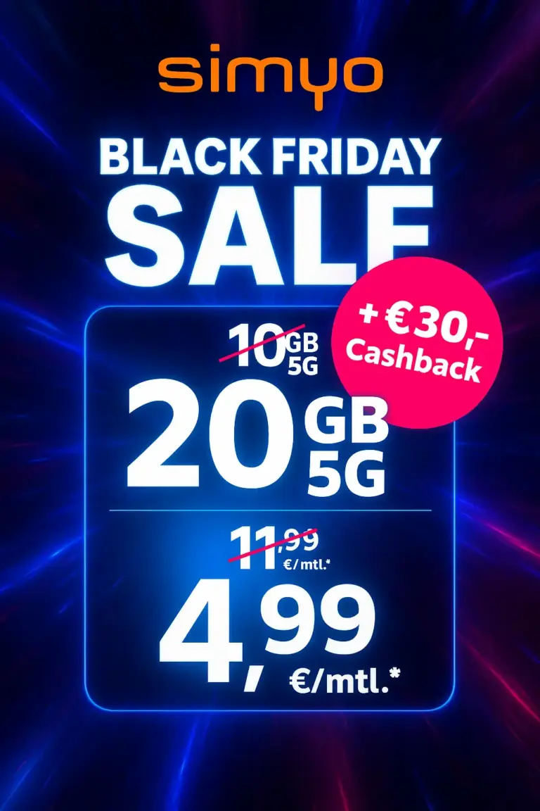 ⚡ simyo Black Week: Bis zu 100 GB mit 5G ab 3,49€ mtl. 