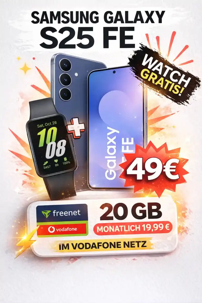 Galaxy S25 FE + Fit3 mit 20 GB Vodafone 5G für 19,99€/Mon