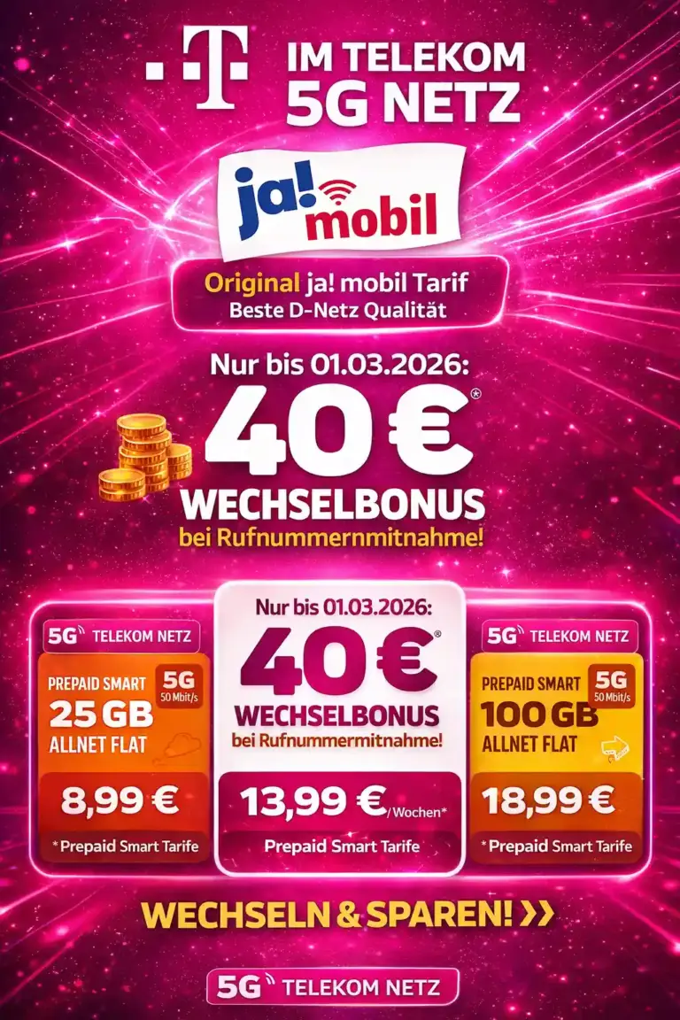 ja! mobil Prepaid ⭐ 25 GB 5G Telekom ab 8,99 €