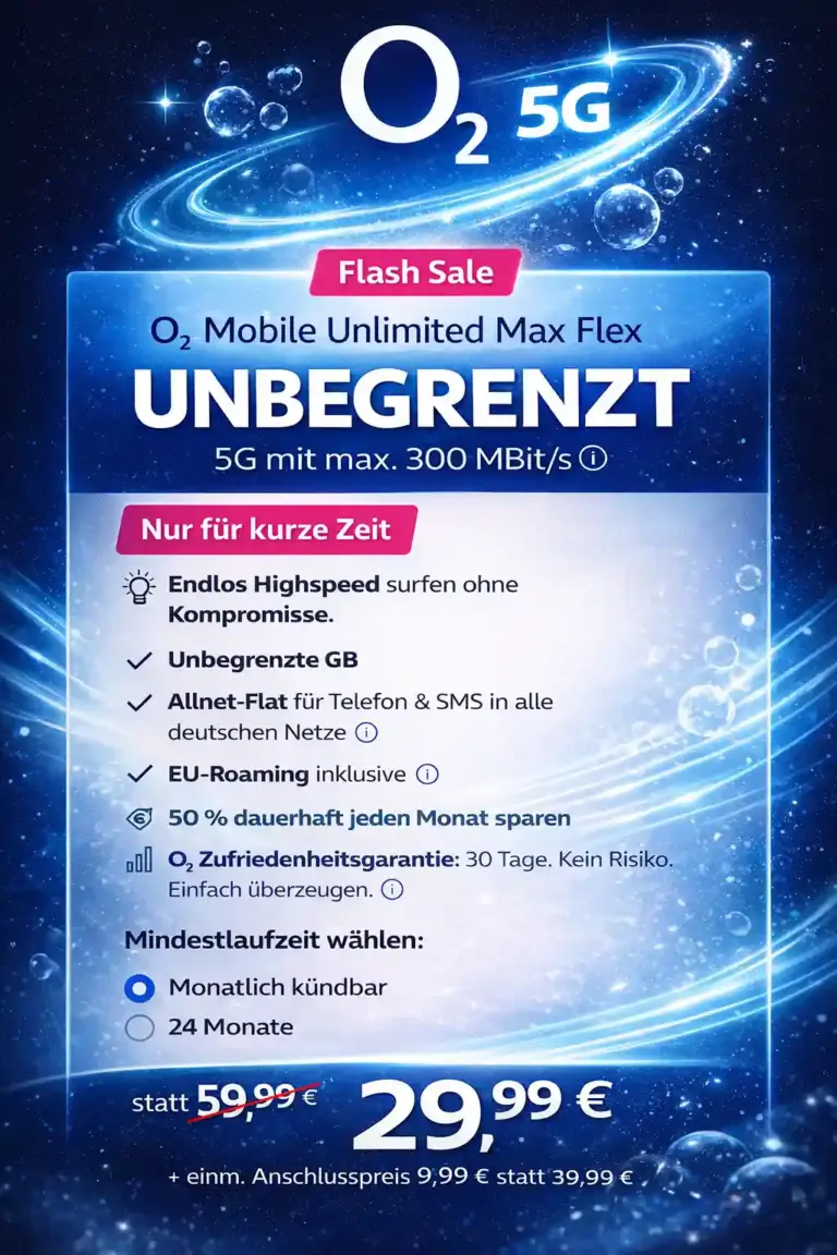 o2 Unlimited 5G im Flash Sale: Flatrates ab 19,99 €/Mon.