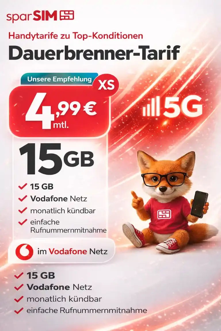 sparSIM Tarife: 15-80 GB 5G im Vodafone-Netz ab 4,99 €