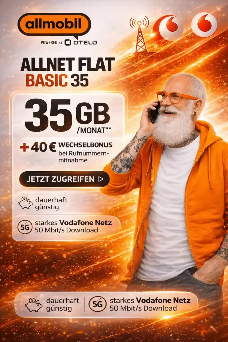 📱 allmobil 35 GB 5G für 4,32 € – Vodafone-Netz Deal ✓