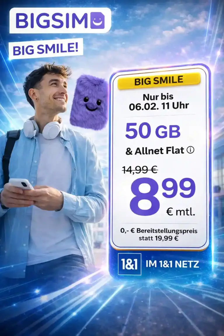 BIGSIM Tarife: 20 GB für 4,99 € | 5G Allnet-Flat im 1&1-Netz