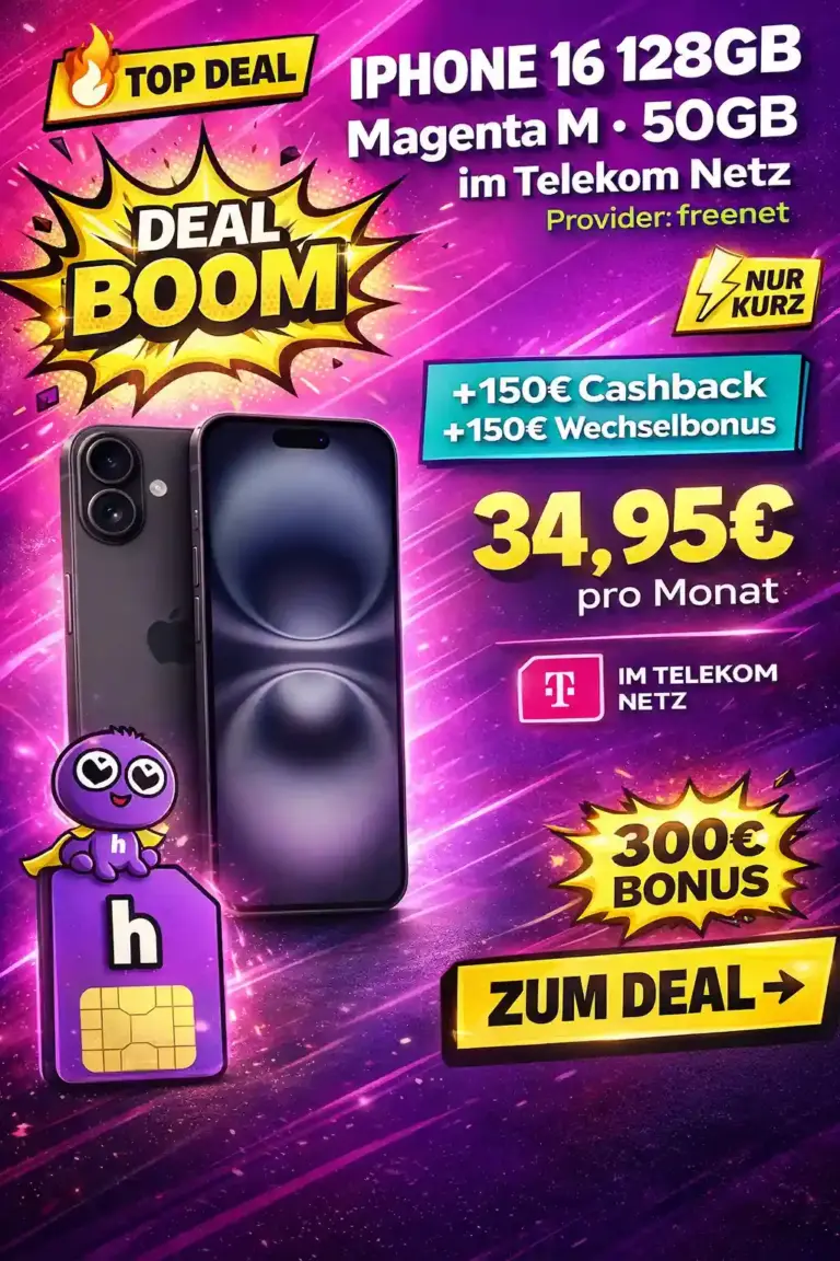 iPhone 16 + Telekom 50 GB 5G ab 34,95 € | 300 Mbit/s