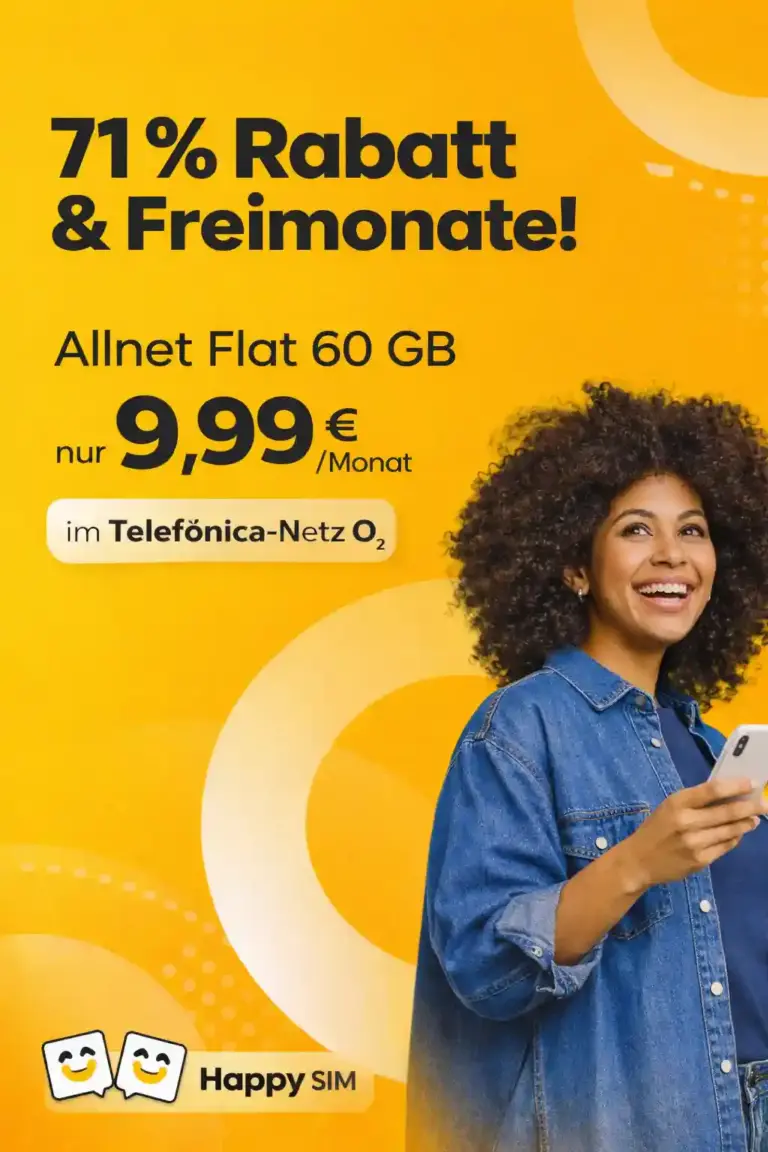 Happy SIM Tarife 2026 ✓ 60 GB ab 9,99€ – 2 Freimonate!