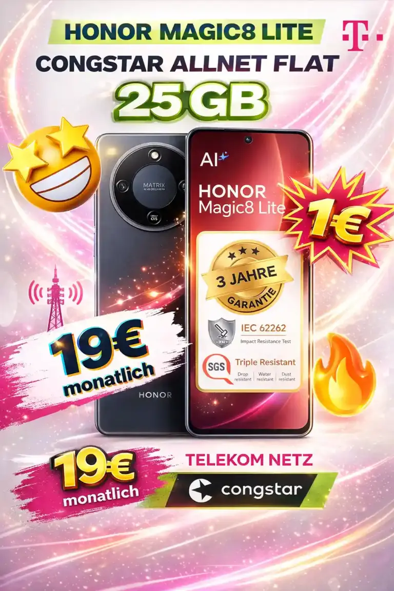 📱 Honor Magic8 Lite 512 GB für 1€ + 25GB 5G für 2€ effektiv