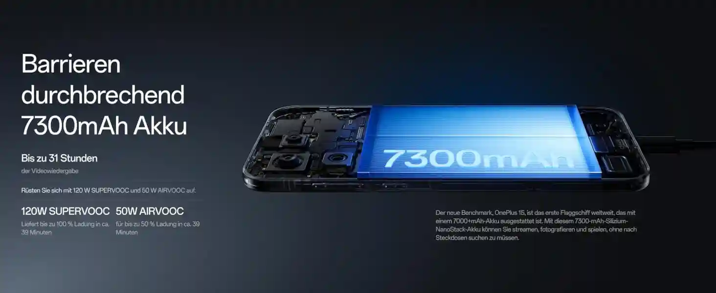 OnePlus 15 Glacier Battery mit 7300 mAh Kapazität und 120W Schnellladung