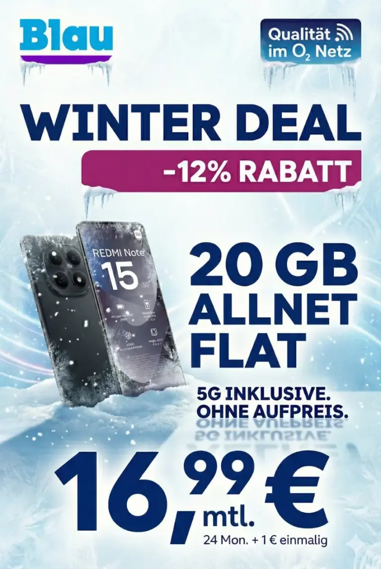 📱 Xiaomi Redmi Note 15 5G + Blau 20 GB ab 16,99€/Mon