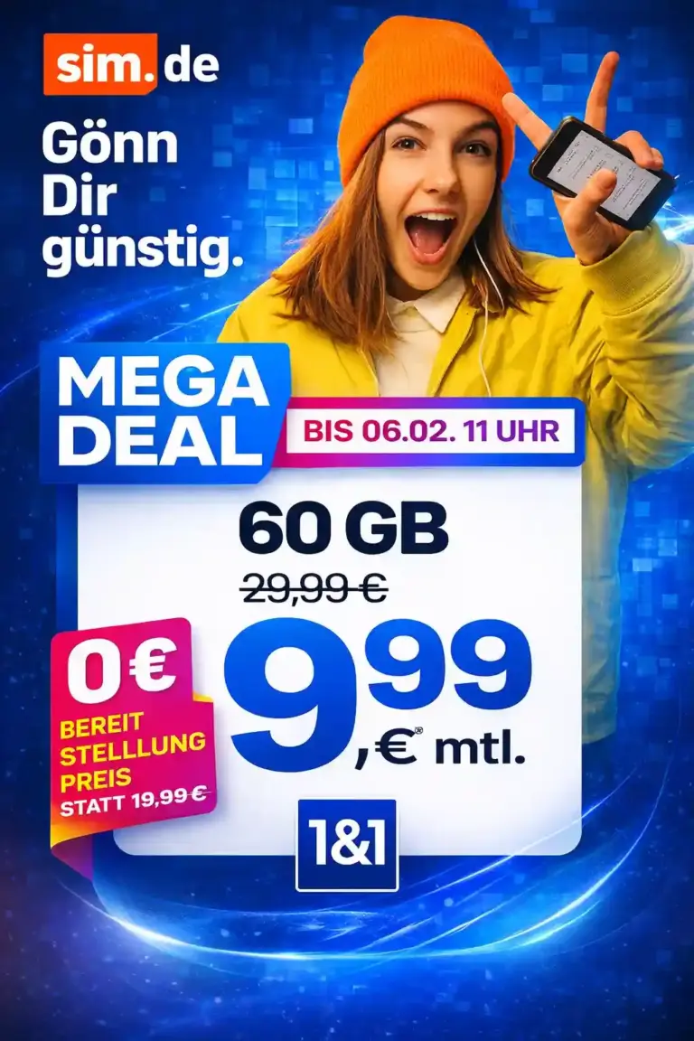 sim.de Tarife: 60 GB für 9,99 € | 5G Allnet-Flat im 1&1-Netz