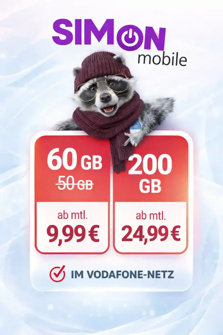 SIMon mobile: 60 GB 5G für 9,99 Euro monatlich kündbar