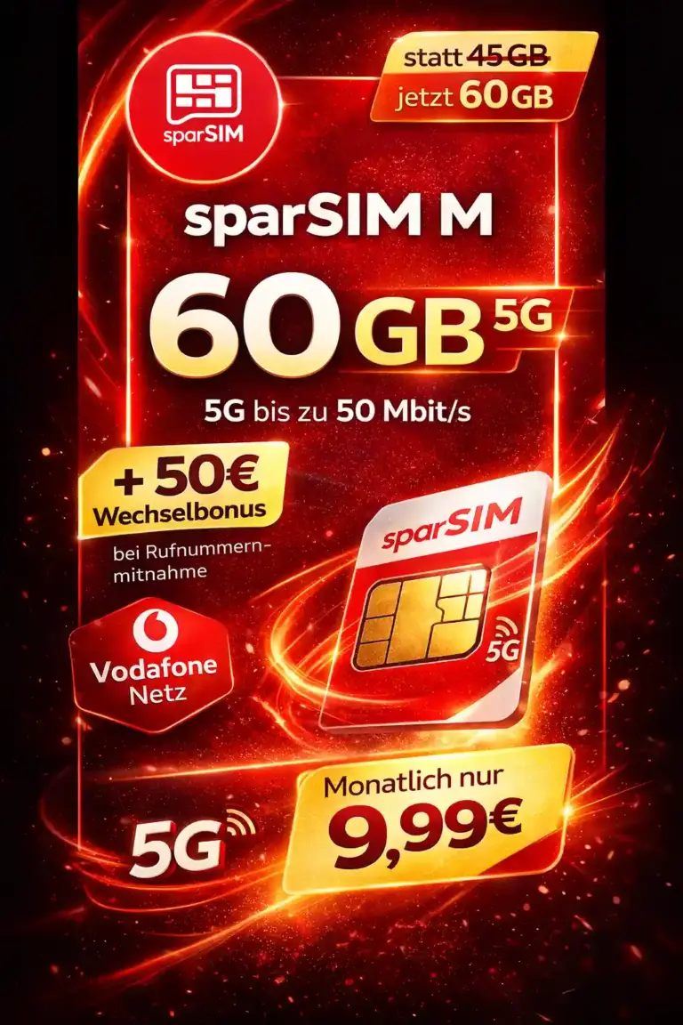 sparSIM Tarife ✓ 60 GB 5G für 9,99€ mit 50€ Bonus