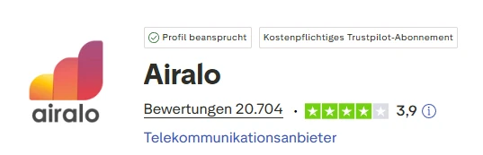 Airalo Trustpilot Bewertung: 3,9 von 5 Sternen, über 20.700 Rezensionen