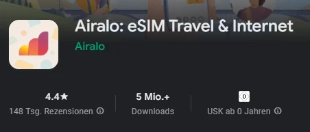 Airalo Google Play Store Bewertung: 4,4 von 5 Sternen, über 148.000 Rezensionen, 5 Mio+ Downloads