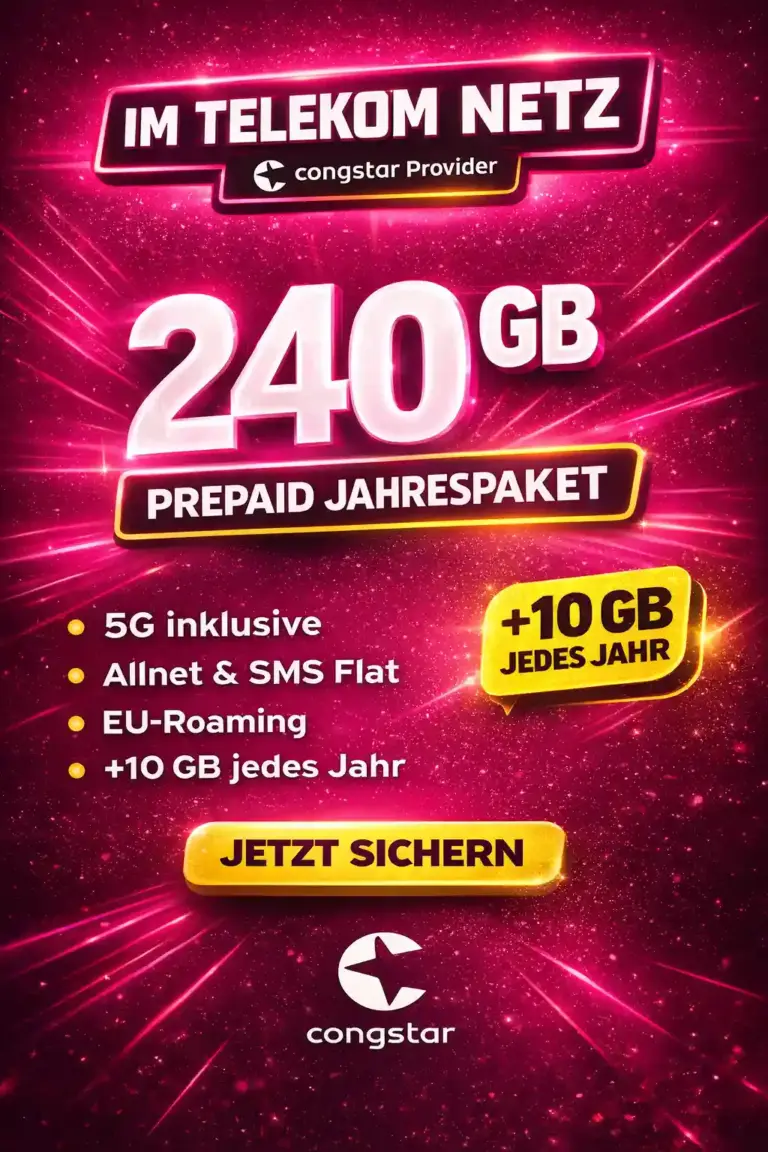 📱 congstar Jahrespaket: 240 GB 5G für 100 €/Jahr im Telekom-Netz