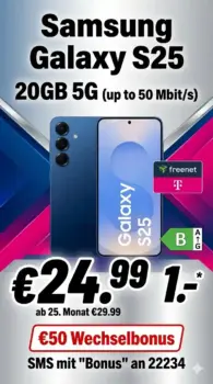 📱 Galaxy S25 für 1 € + 20 GB Telekom-Flat ab 24,99 €/Mon.