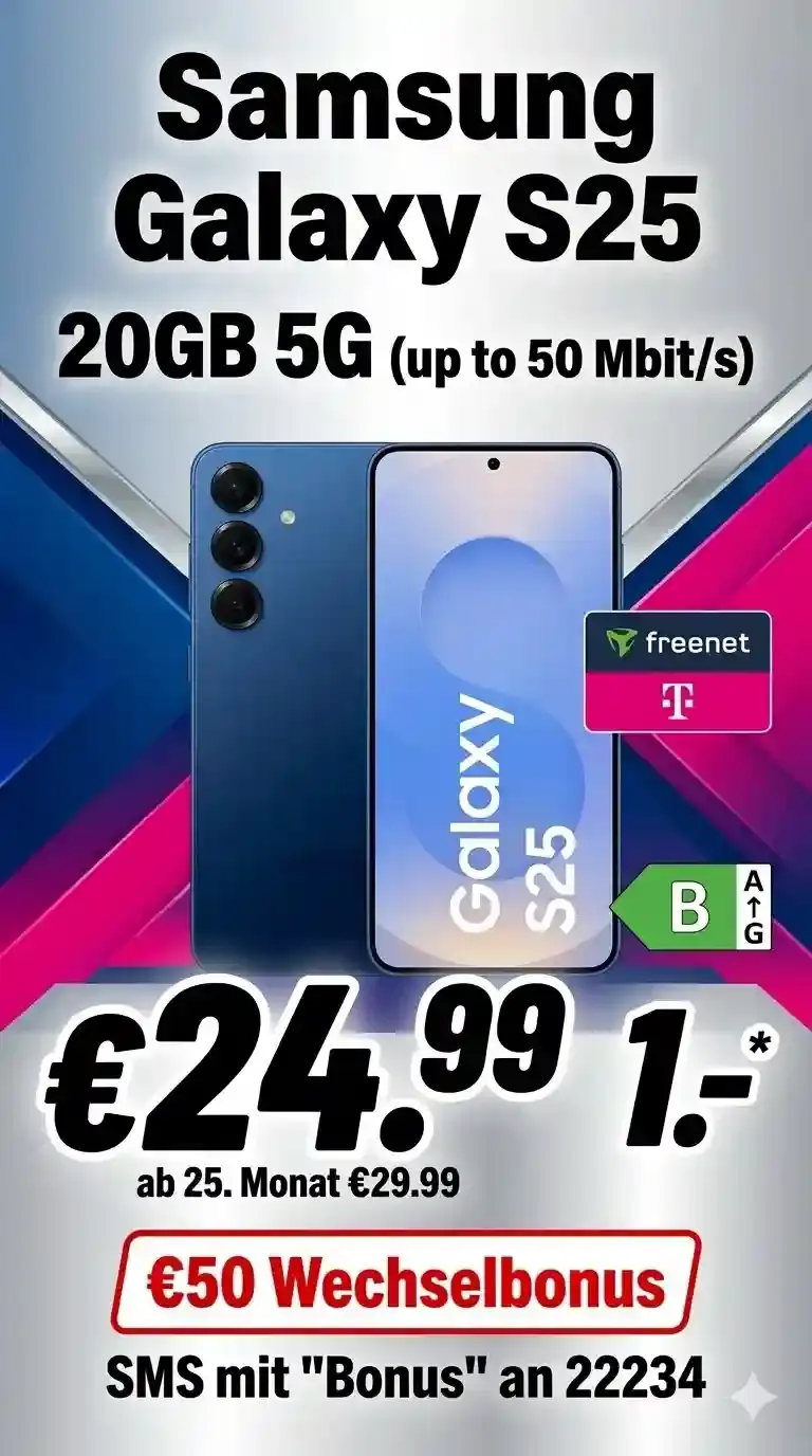 📱 Galaxy S25 für 1 € + 20 GB Telekom-Flat ab 24,99 €/Mon.