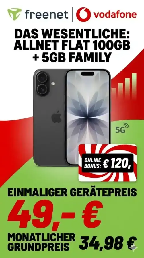 📱 iPhone 17 + Vodafone 100 GB Doppelkarte ab 34,98€