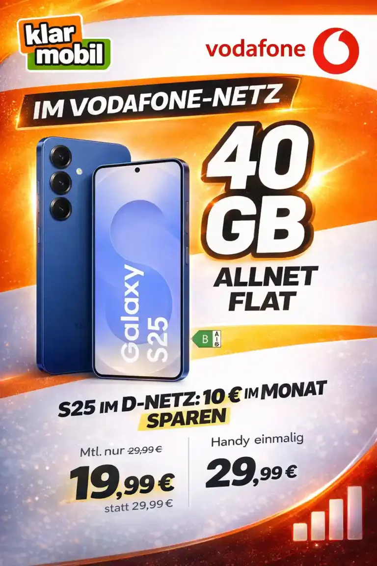 📱 Galaxy S25 für 29,99€ + 40 GB Flat nur 19,99€/Monat