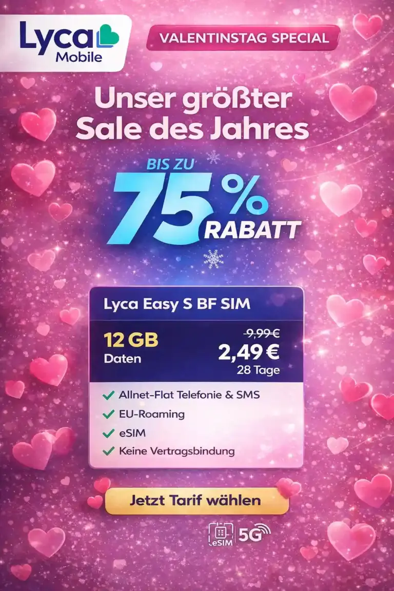 💚 Lyca Easy S 12 GB 5G für 2,49€ | 75% Rabatt