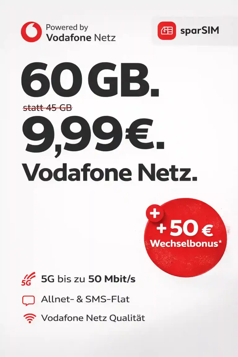 sparSIM Tarife ✓ 20 GB ab 4,99€ im Vodafone 5G-Netz