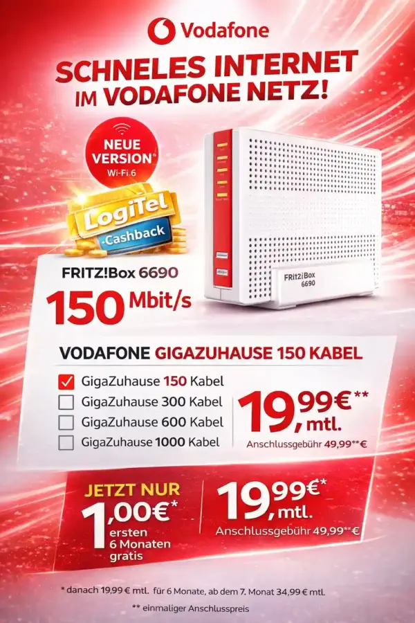 Vodafone Kabel + FRITZ!Box 6690 für 1€ ab 18,61€ eff. | Deal
