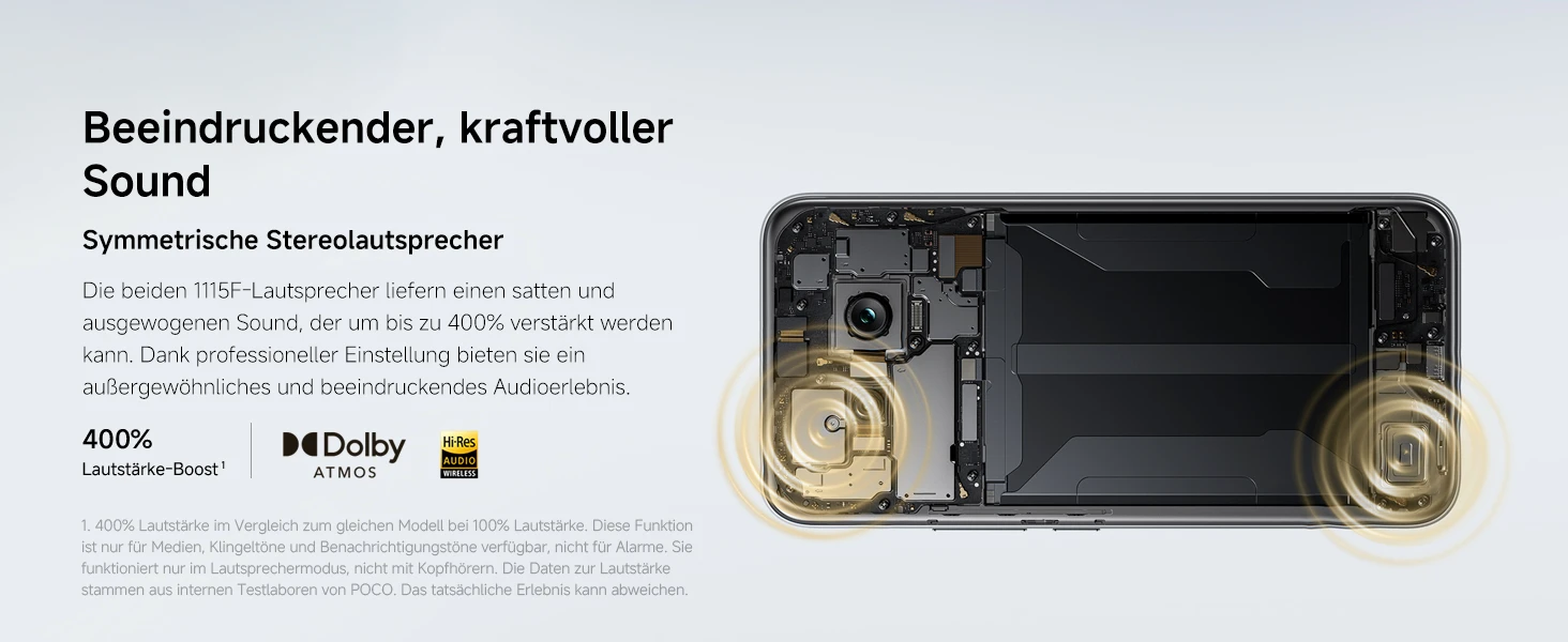 POCO M8 Pro 5G Stereo-Lautsprecher: Symmetrische 1115F Speaker mit Dolby Atmos und Hi-Res Audio
