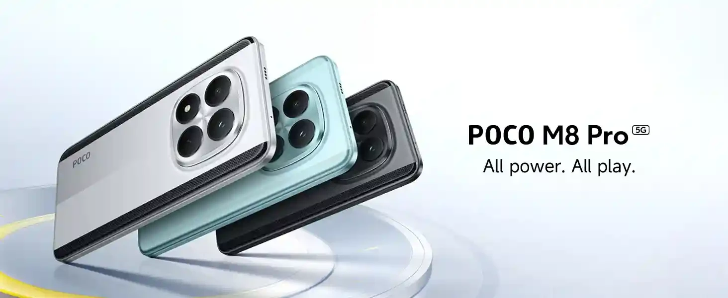 Xiaomi POCO M8 Pro 5G in drei Farben: Silber, Mint-Grün und Schwarz — All power. All play.