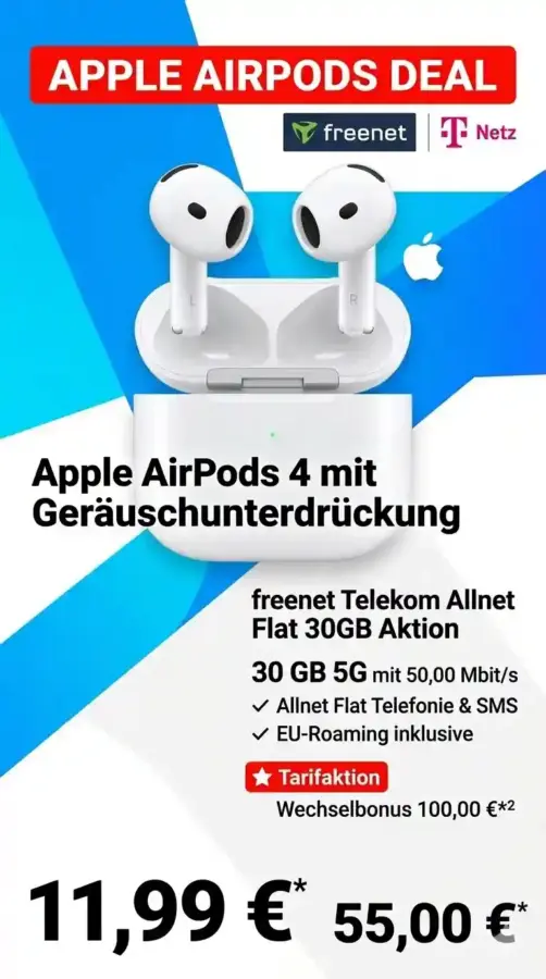 🎧 AirPods 4 ANC + 30 GB Telekom Flat ab 11,99 €/Mon.