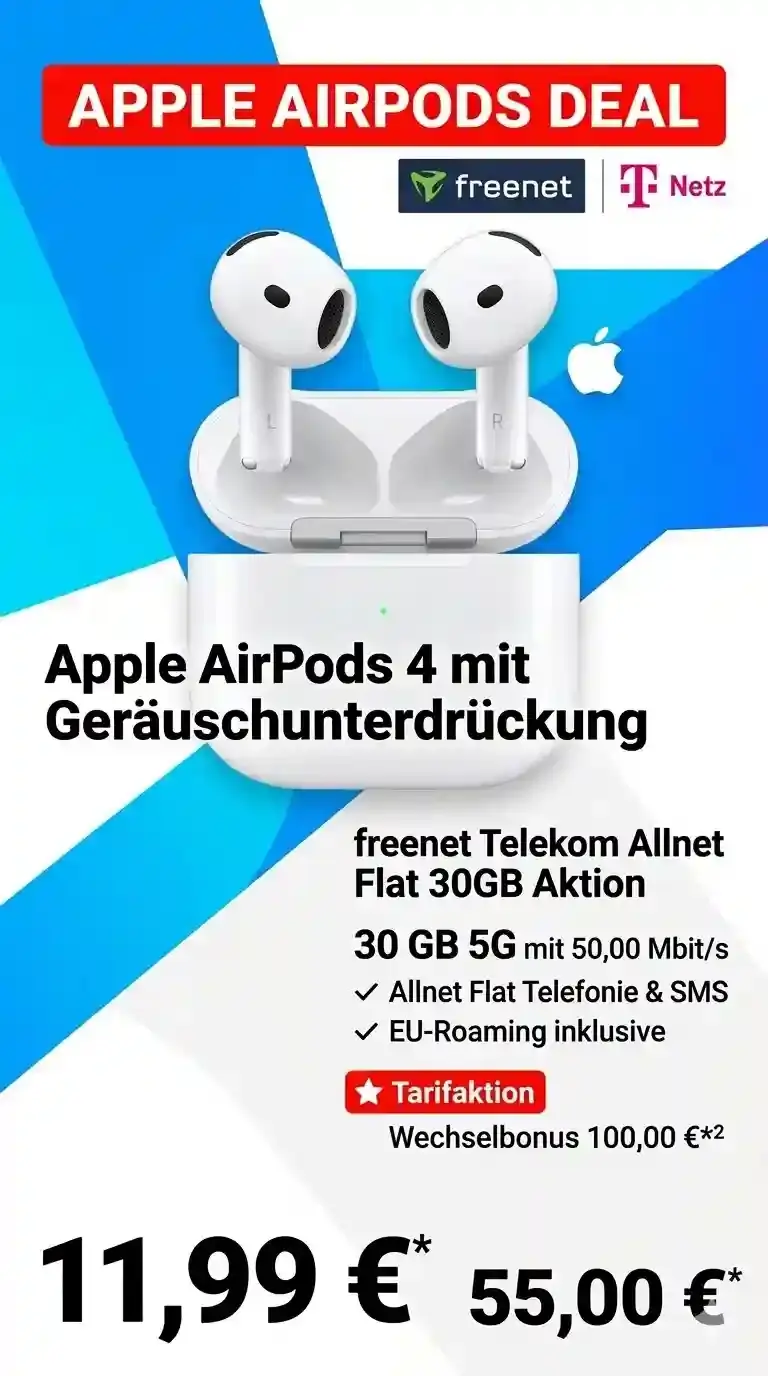 🎧 AirPods 4 ANC + 30 GB Telekom Flat ab 11,99 €/Mon.