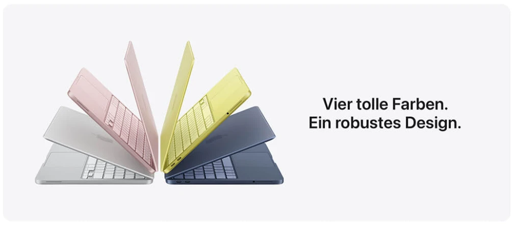 MacBook Neo in Silber, Blush (Rosa), Citrus (Gelb) und Indigo (Blau)