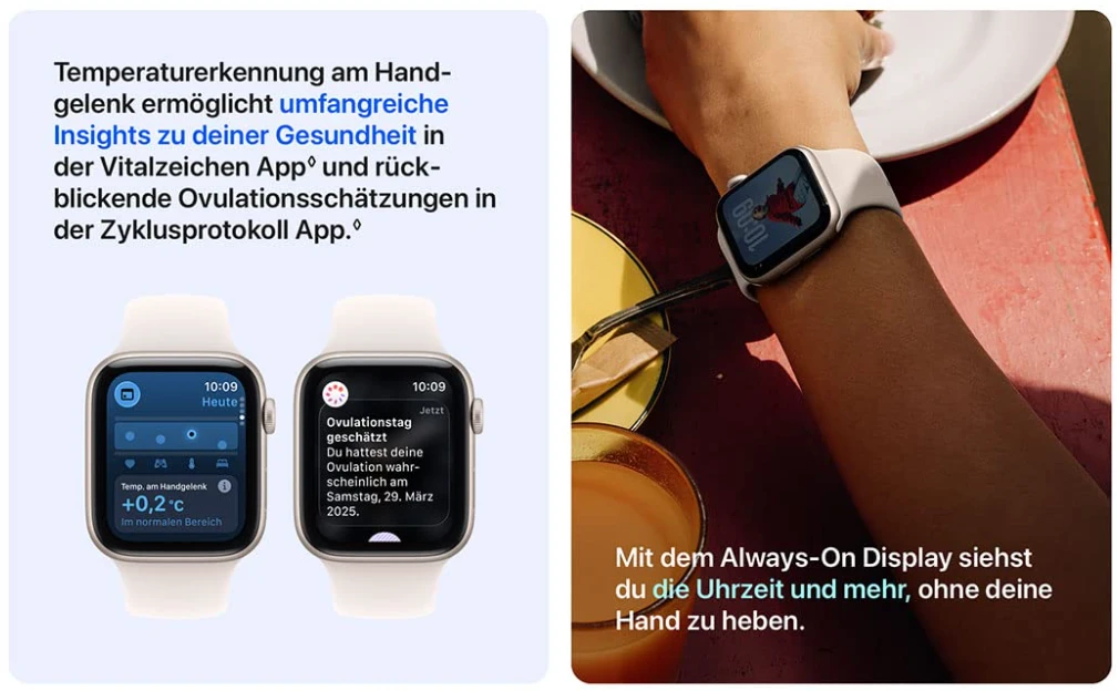 Apple Watch SE 3 mit Always-On Display und Temperaturmessung am Handgelenk