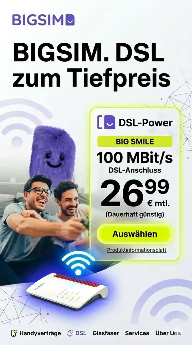BIGSIM DSL ab 24,99 € | 50–250 Mbit/s mit Festnetz-Flat