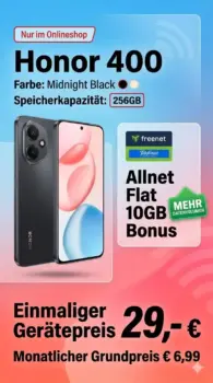 📱 Honor 400 für 29 € + 10 GB Allnet-Flat ab 6,99 €/Mon.