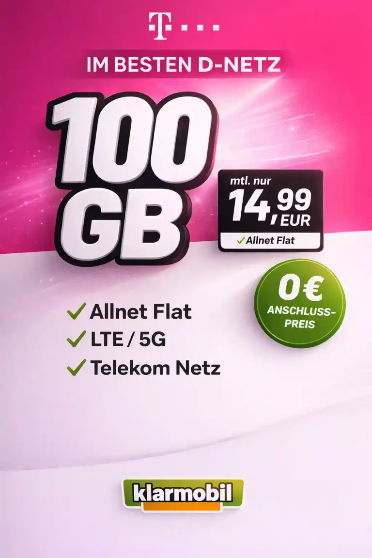 📱 klarmobil 100 GB Flat im Telekom-Netz für 14,99€