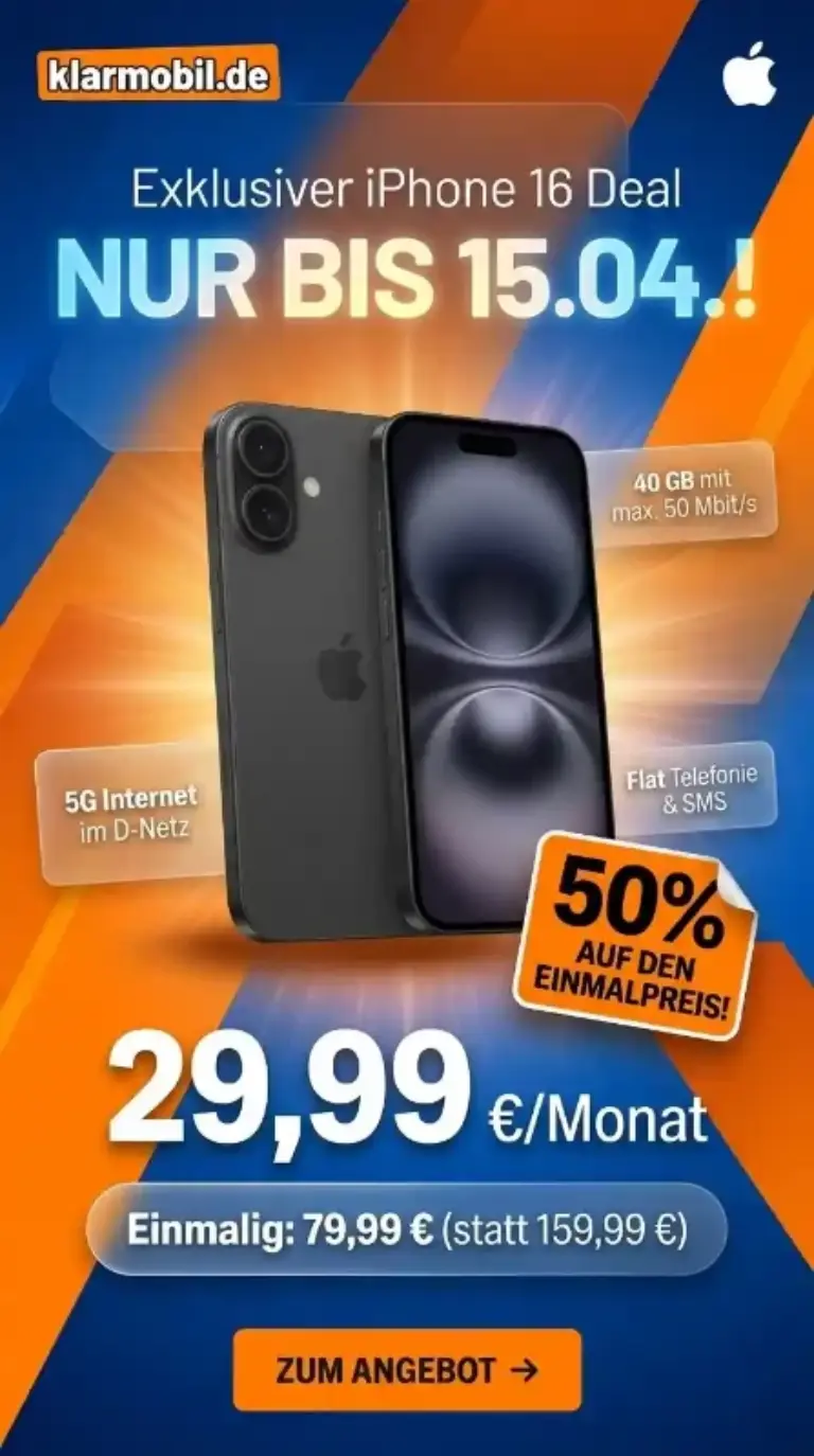 iPhone 16 für 79,99 € – 40 GB Vodafone 29,99 €/Mon.
