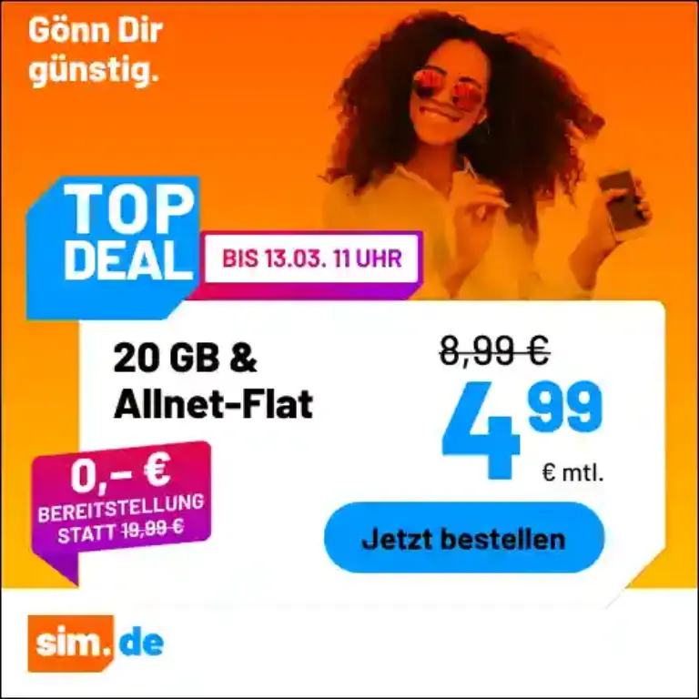 sim.de Tarife: 20 GB für 4,99€ | 50 GB nur 8,99€ im 5G