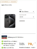 iPhone 15 Pro 128GB für 79 € mit 70 GB Telekom Vertrag eff. 10,83 €